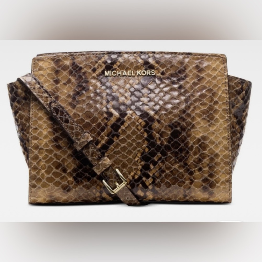 LAST $- Michael Kors Medium Selma Messenger Sand Snake Print Leather crossbody